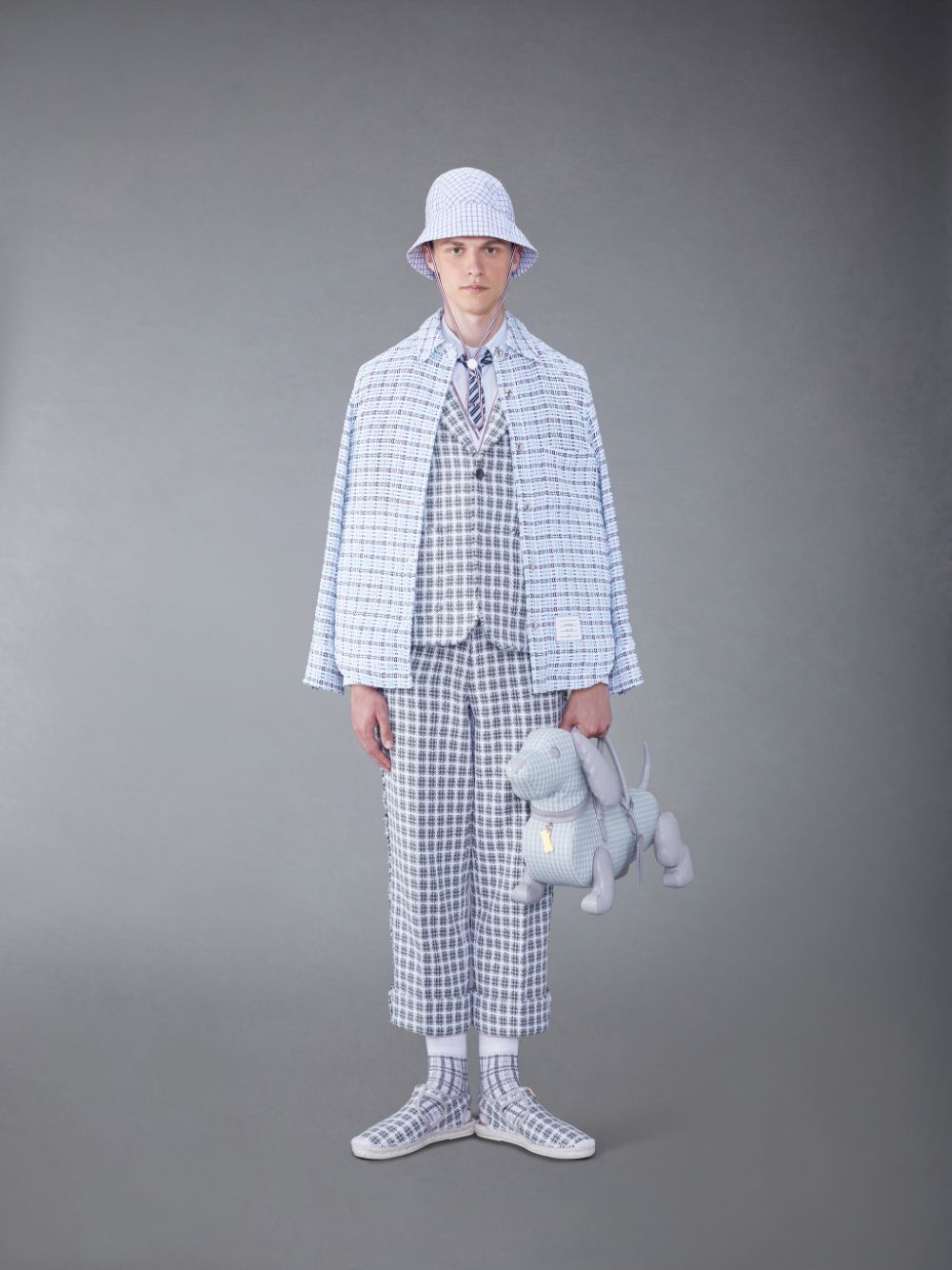 Thom Browne Check Summer Tweed Fray Sack Sport Men Coats Grey | JHM21P32715