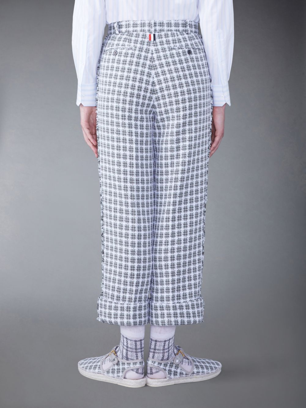 Thom Browne Check Summer Tweed Fray Sack Men Pants Grey | ABP82B50684