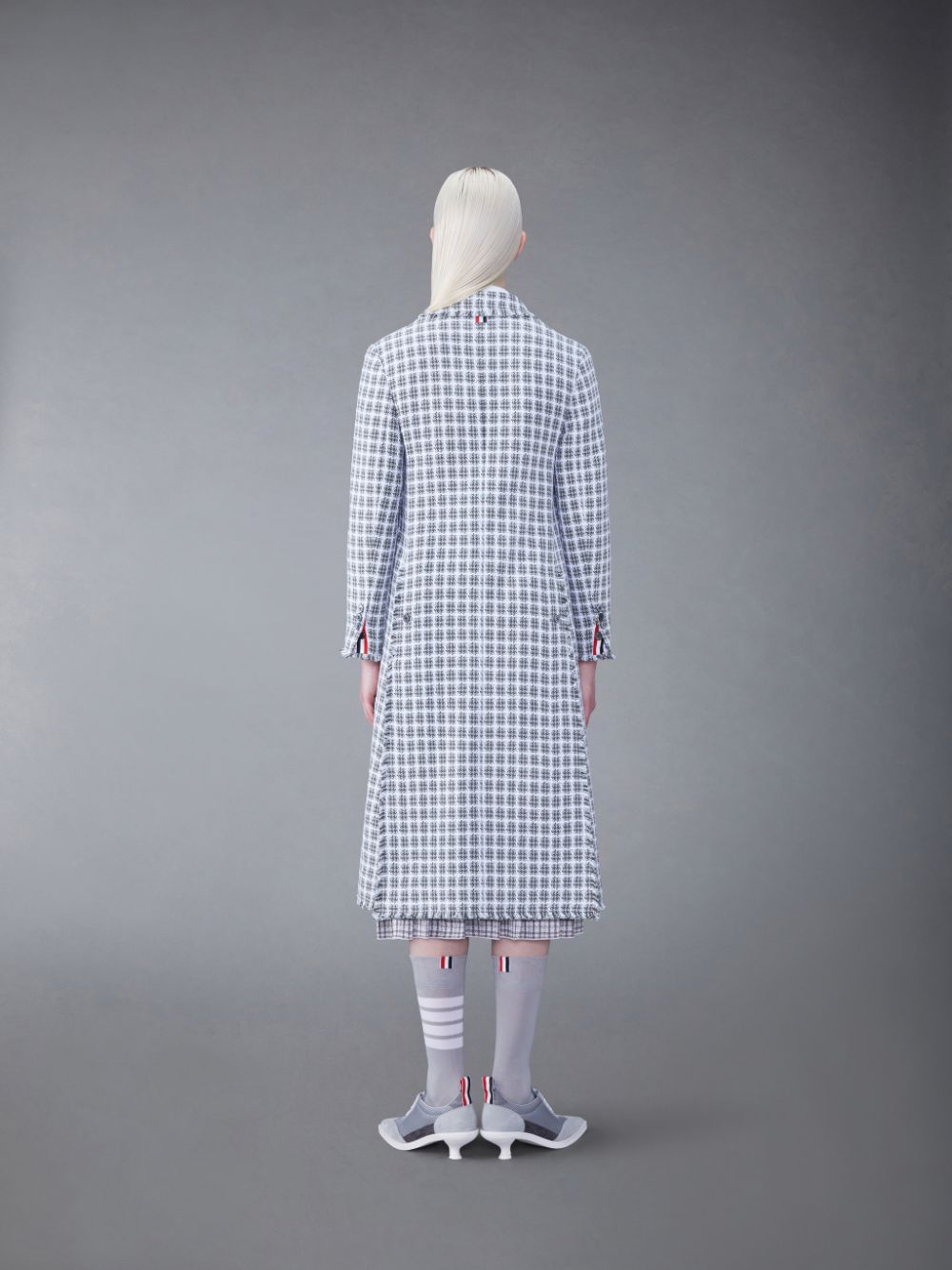 Thom Browne Check Summer Tweed Fray Wide Lapel Women Coats Grey | GNE45H57390