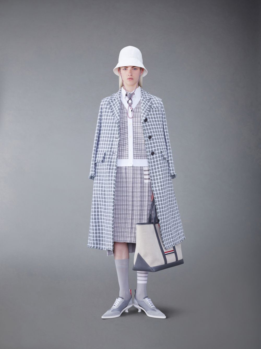 Thom Browne Check Summer Tweed Fray Wide Lapel Women Coats Grey | GNE45H57390