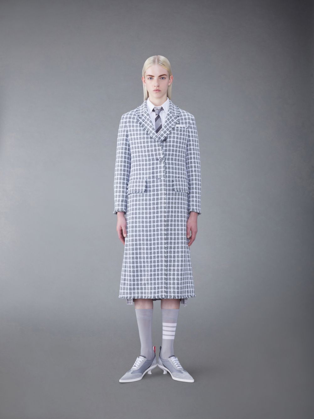 Thom Browne Check Summer Tweed Fray Wide Lapel Women Coats Grey | GNE45H57390