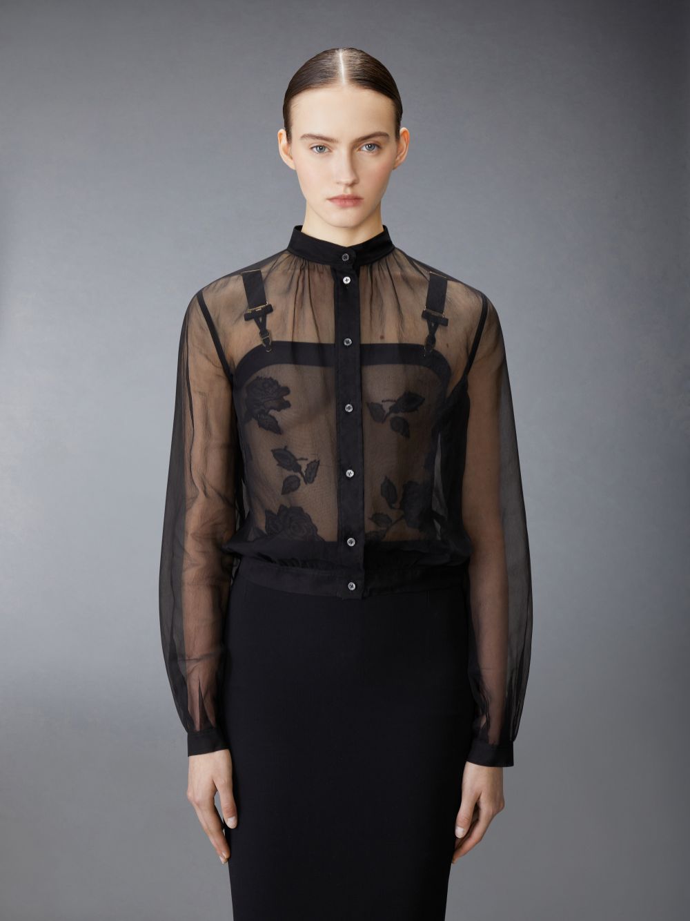 Thom Browne Chiffon Button Placket Gathered Women Shirts Black | XPU73R08058