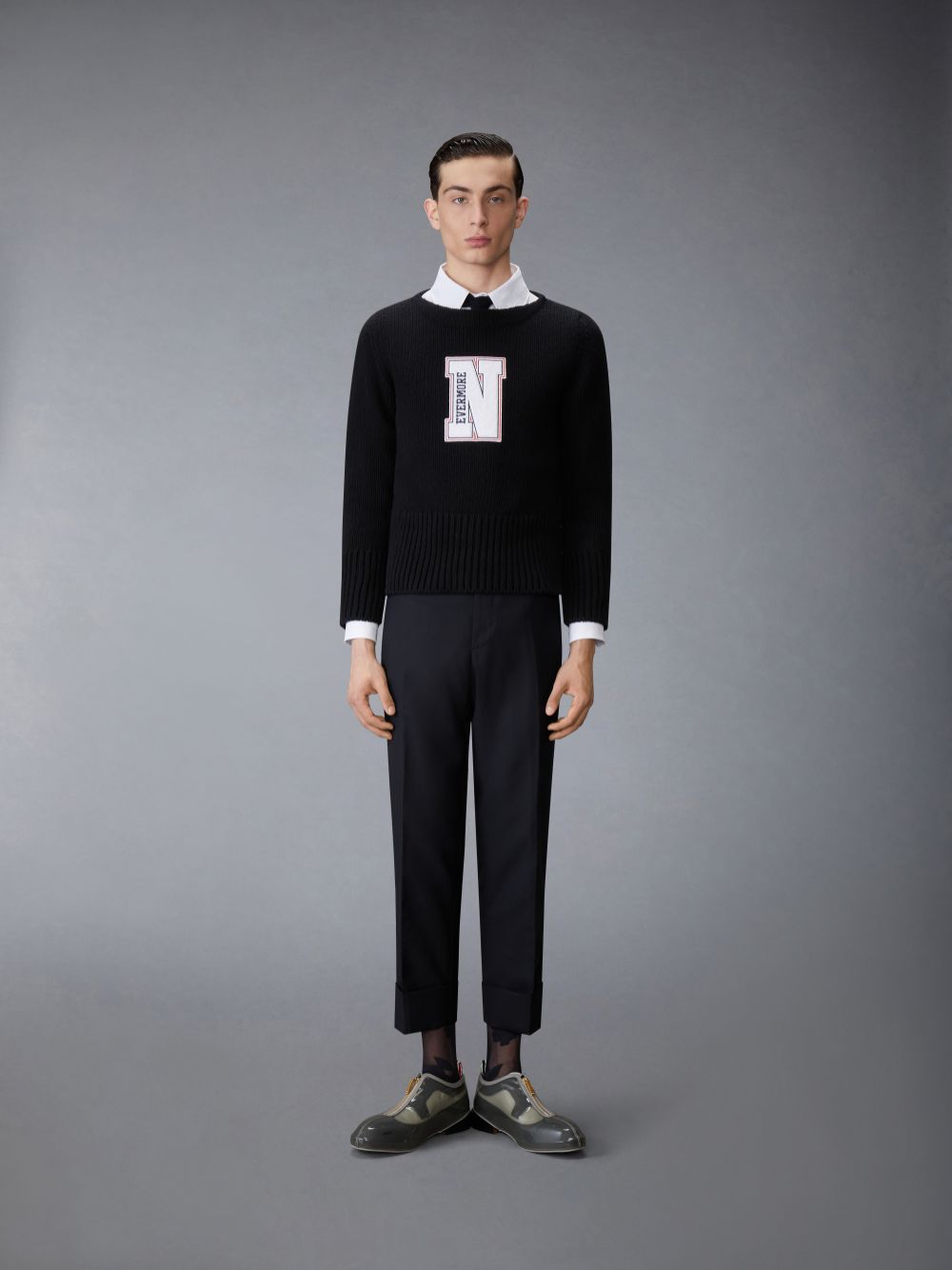 Thom Browne Chunky Merino Wool Nevermore Patch Boat Neck Men Pullover Black | SZB89T74655