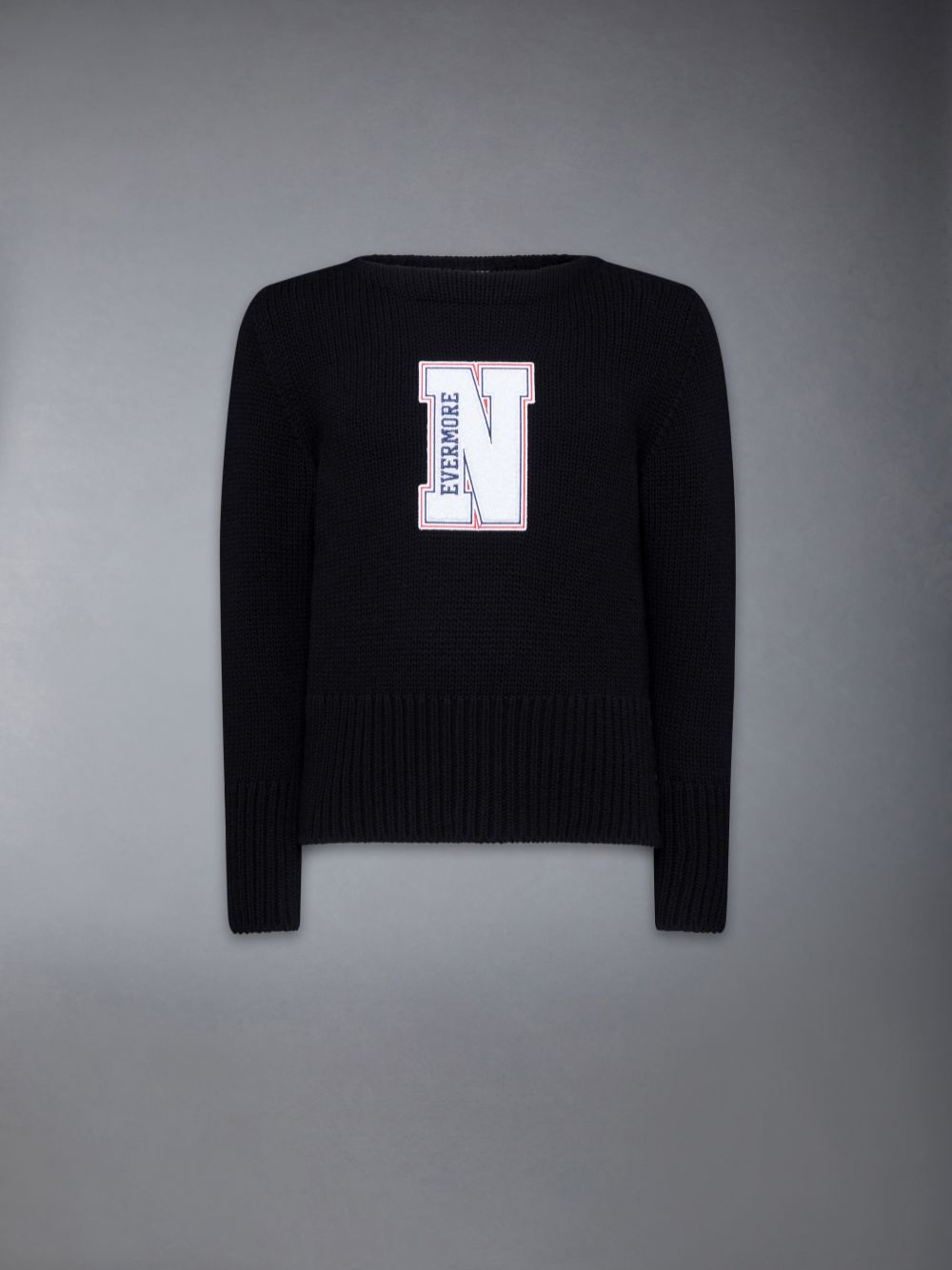 Thom Browne Chunky Merino Wool Nevermore Patch Boat Neck Men Pullover Black | SZB89T74655