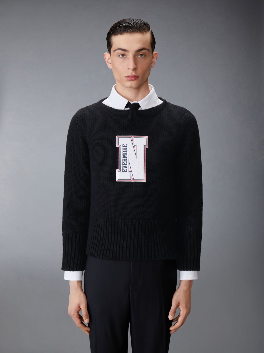 Thom Browne Chunky Merino Wool Nevermore Patch Boat Neck Men Pullover Black | SZB89T74655