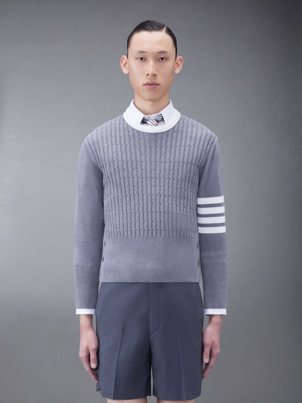 Thom Browne Classic Cotton 4-Bar Cable Men Pullover Grey | VSX56Z01207