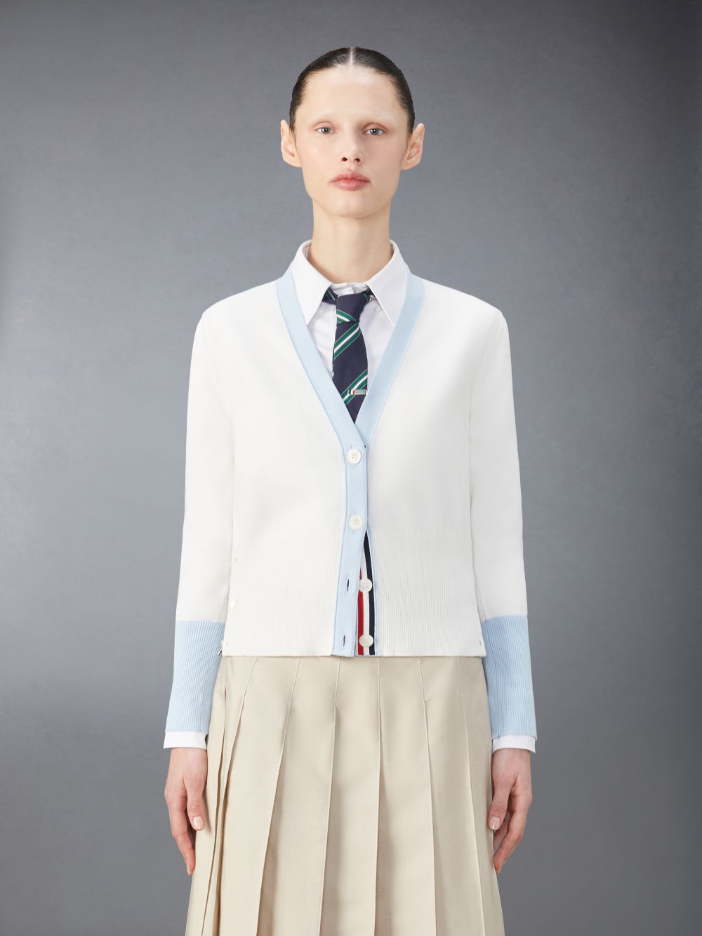 Thom Browne Classic Cotton Blue Rose Icon Women Cardigan Beige | EIQ48M01883