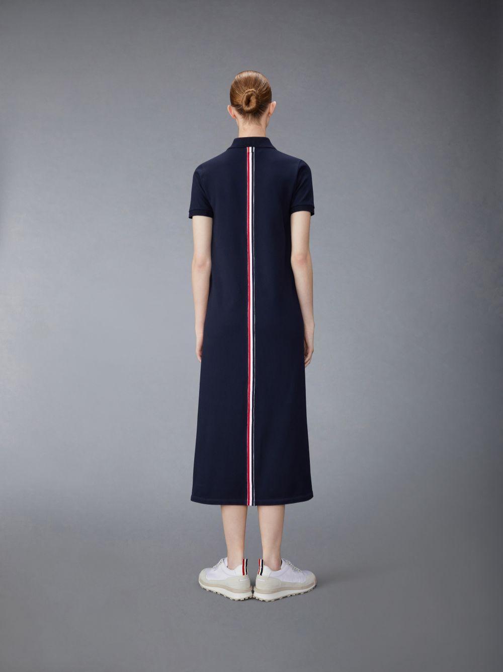 Thom Browne Classic Cotton Pique Center Back Stripe A-line Short Sleeve Polo Shirt Women Dress Navy | LBT21O93116