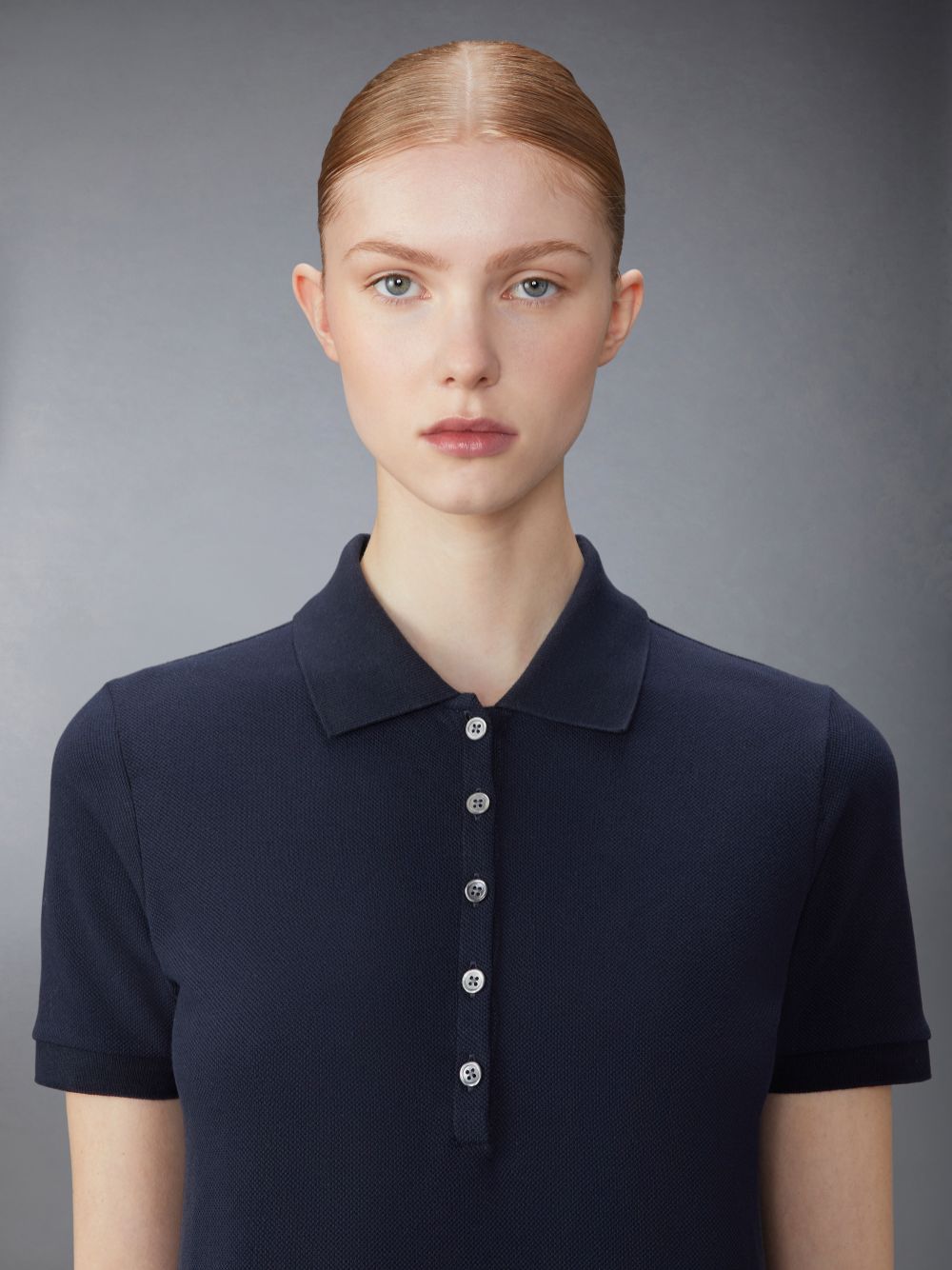 Thom Browne Classic Cotton Pique Center Back Stripe A-line Short Sleeve Polo Shirt Women Dress Navy | LBT21O93116