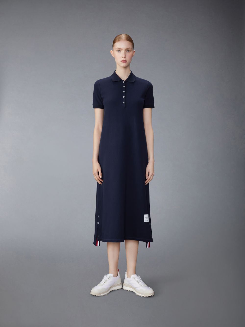 Thom Browne Classic Cotton Pique Center Back Stripe A-line Short Sleeve Polo Shirt Women Dress Navy | LBT21O93116