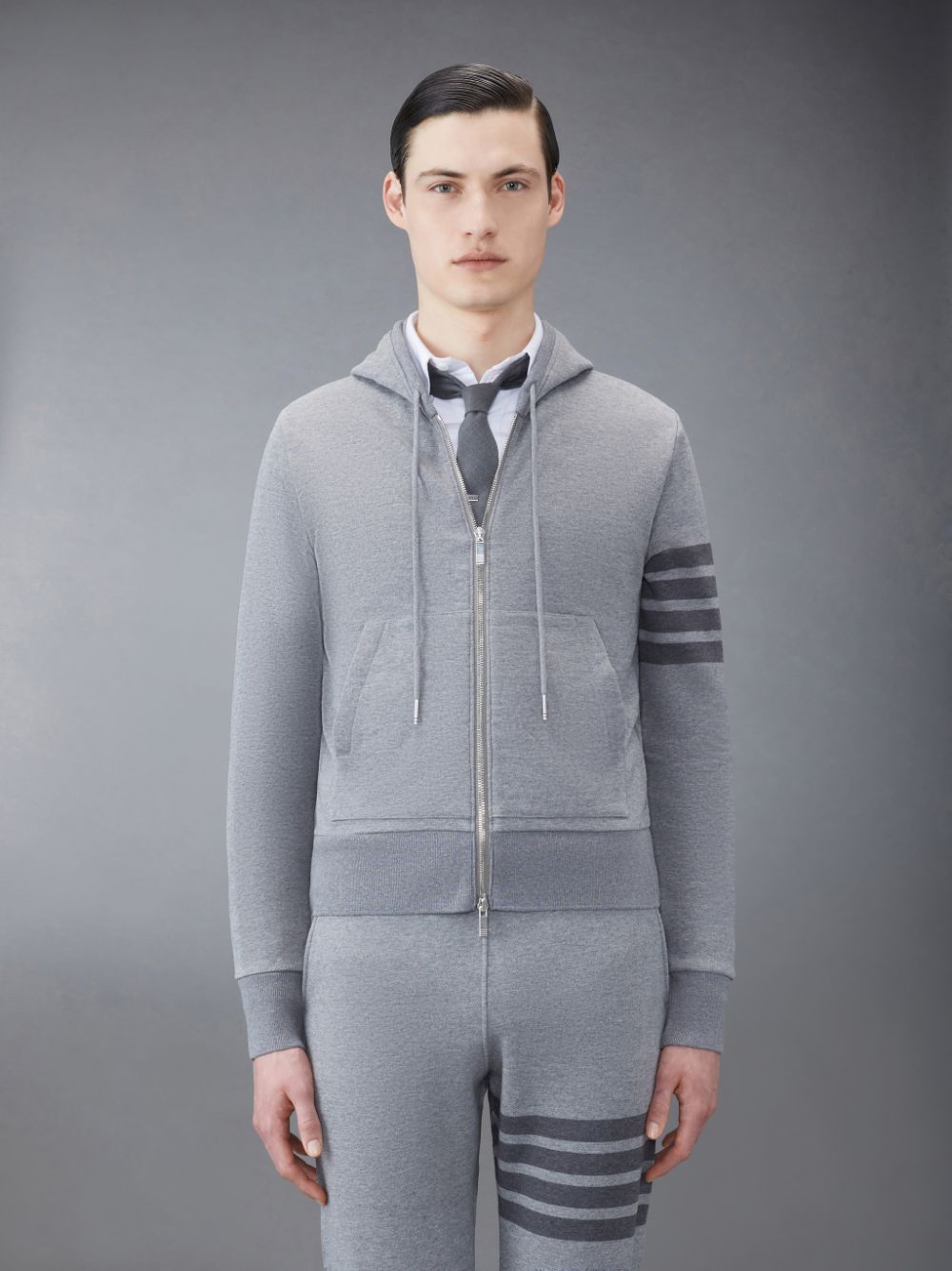 Thom Browne Classic Loopback 4-Bar Full Zip Men Hoodie Grey | FPE95K59446