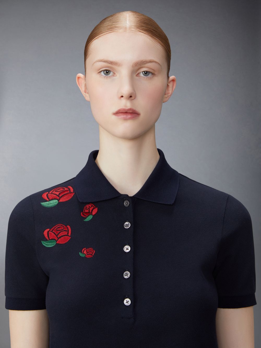 Thom Browne Classic Pique Hector & Rose Rib Cuff Women Polo Shirt Blue | OYC52X29535