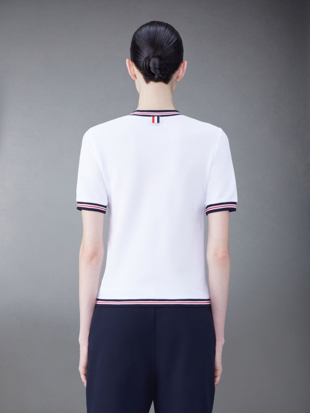 Thom Browne Classic Pique Stripe Short Sleeve V-Neck Women T Shirts White | HAS16P12677