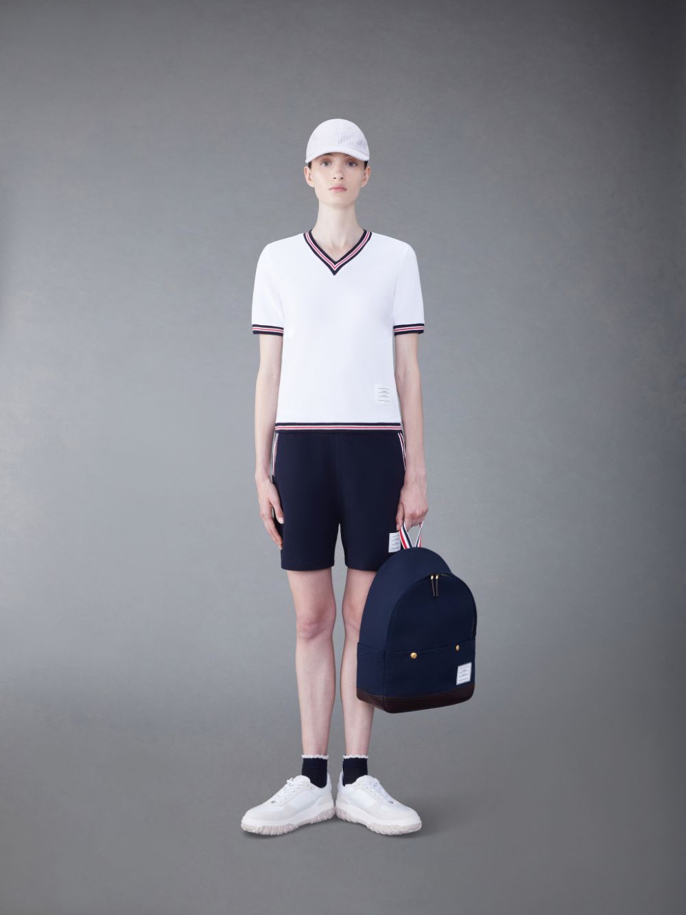 Thom Browne Classic Pique Stripe Short Sleeve V-Neck Women T Shirts White | HAS16P12677