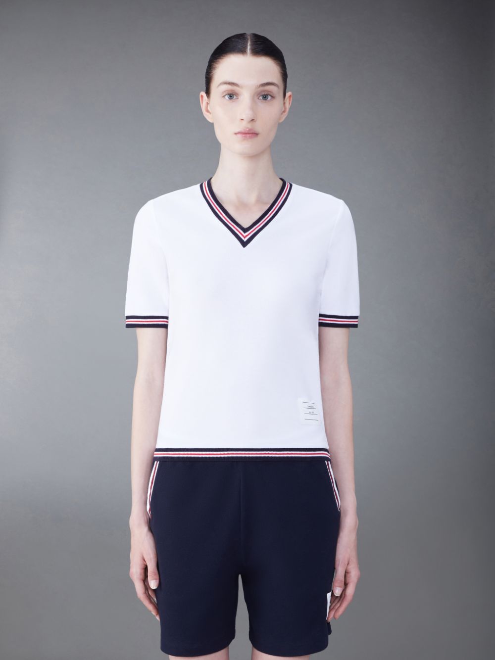 Thom Browne Classic Pique Stripe Short Sleeve V-Neck Women T Shirts White | HAS16P12677