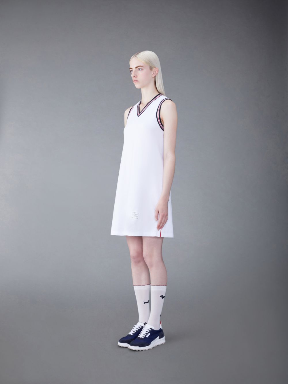 Thom Browne Classic Pique Stripe V-Neck Tennis Women Dress White | WCA09M34164