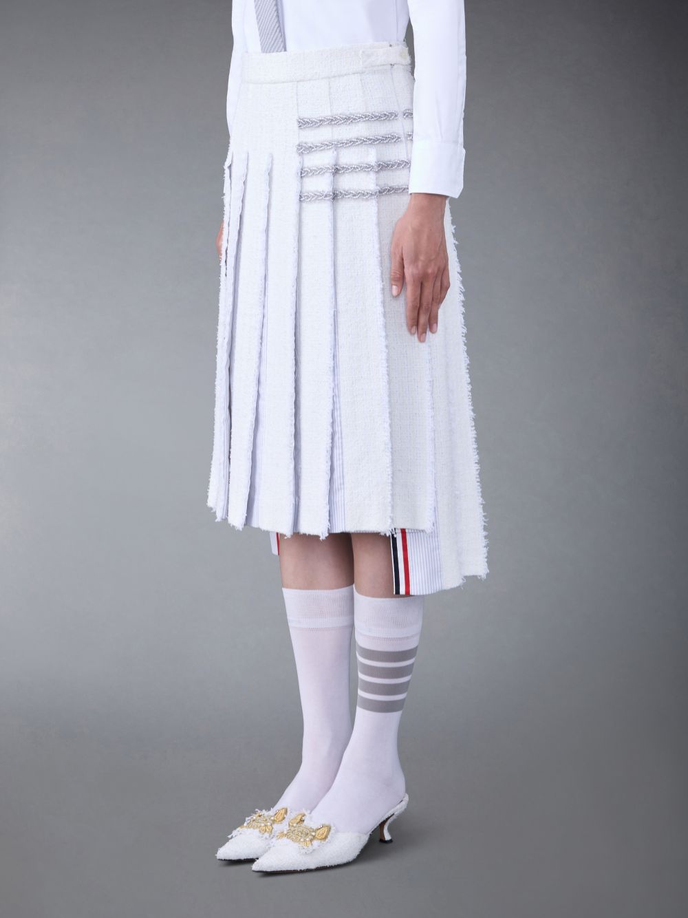 Thom Browne Classic Tweed Braided Tipping Pleated Women Skirts White | CWF57S80731