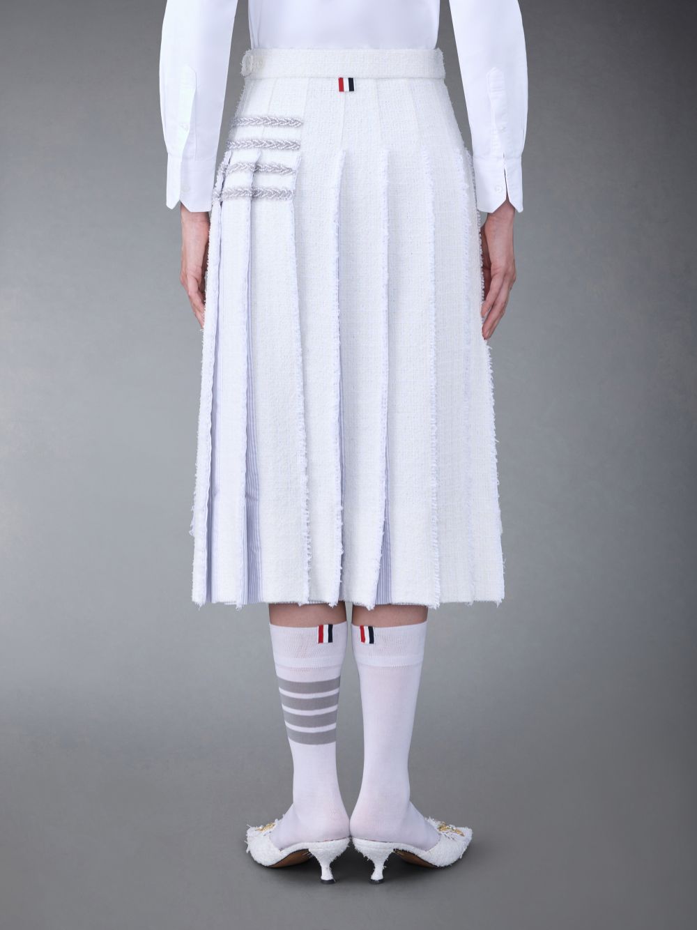 Thom Browne Classic Tweed Braided Tipping Pleated Women Skirts White | CWF57S80731