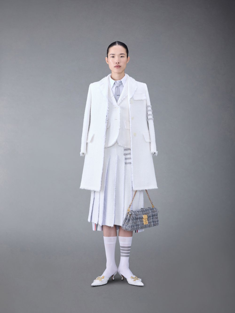 Thom Browne Classic Tweed Braided Tipping Pleated Women Skirts White | CWF57S80731