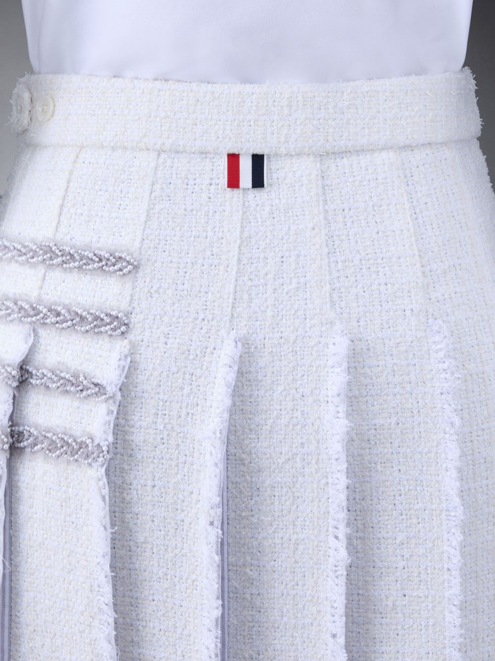 Thom Browne Classic Tweed Braided Tipping Pleated Women Skirts White | CWF57S80731