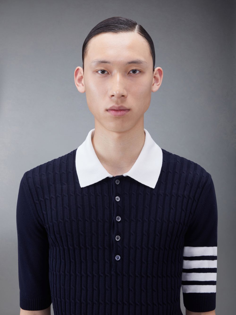 Thom Browne Cotton 4-Bar Cable Men Polo Shirt Blue | JEX03K27850