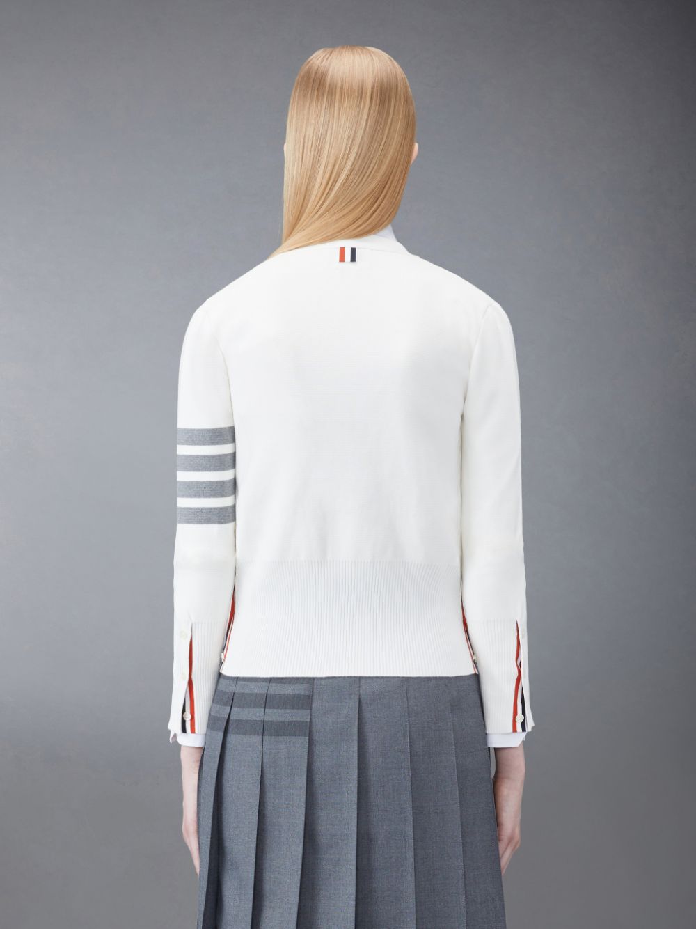 Thom Browne Cotton 4-Bar Milano Classic V-Neck Women Cardigan White | WMT53C49494