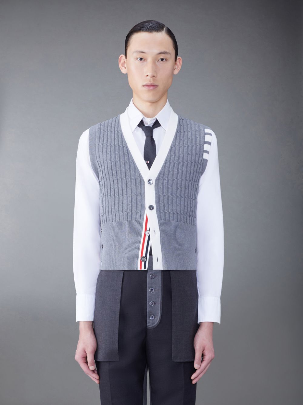 Thom Browne Cotton 4-Bar V-Neck Cable Cardigan Men Vest Grey | JCZ79D52090