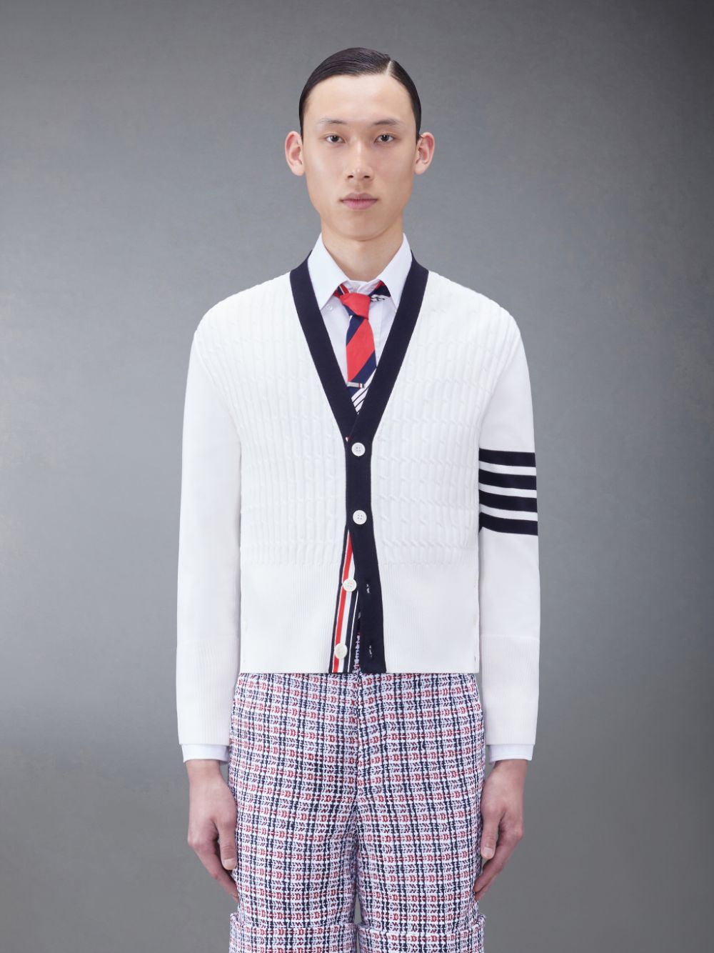 Thom Browne Cotton 4-Bar V-Neck Cable Men Cardigan White | IFB56J30791