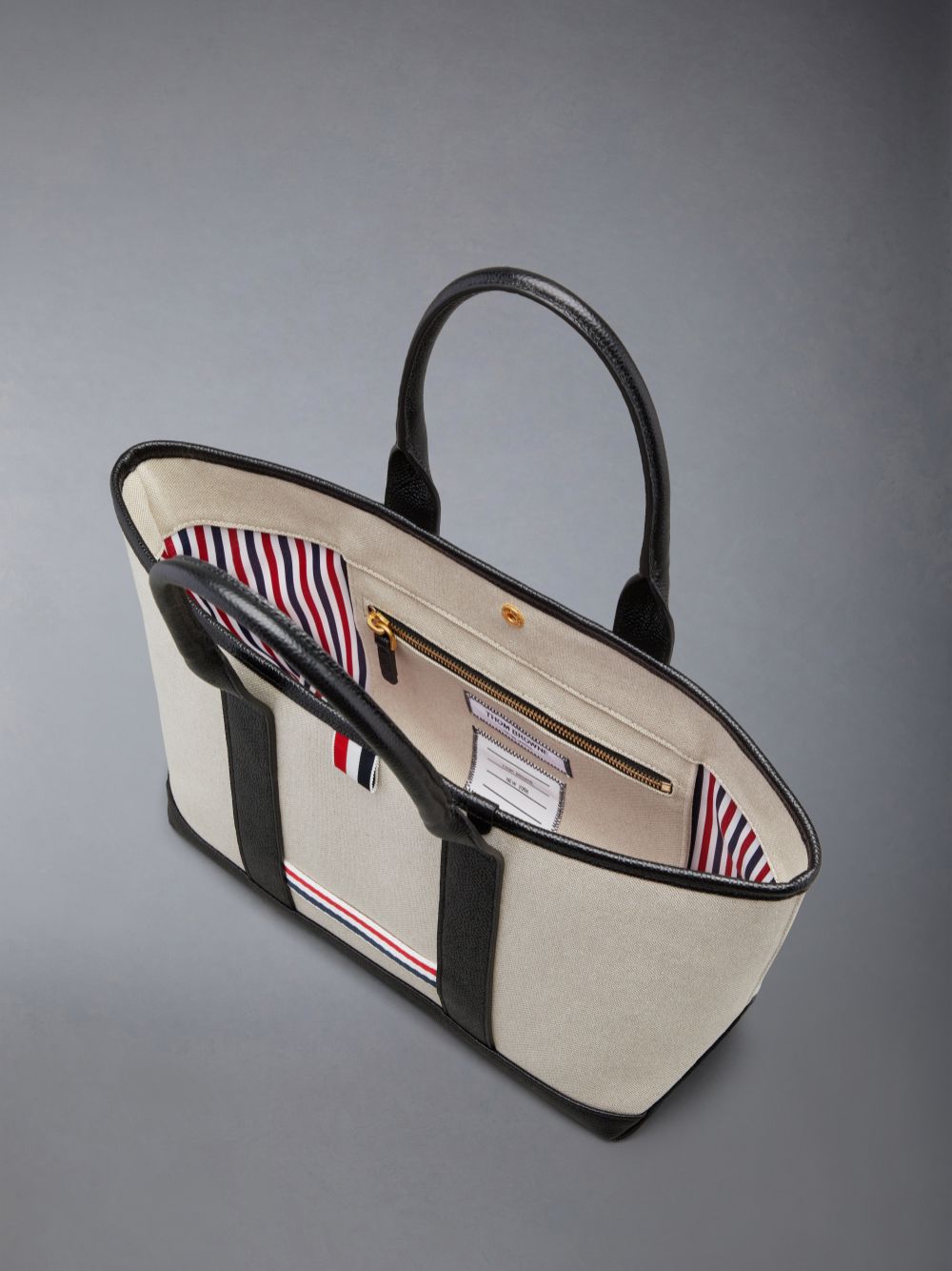 Thom Browne Cotton Canvas Leather Small Tool Women Tote Bags Beige | XGX42R94723