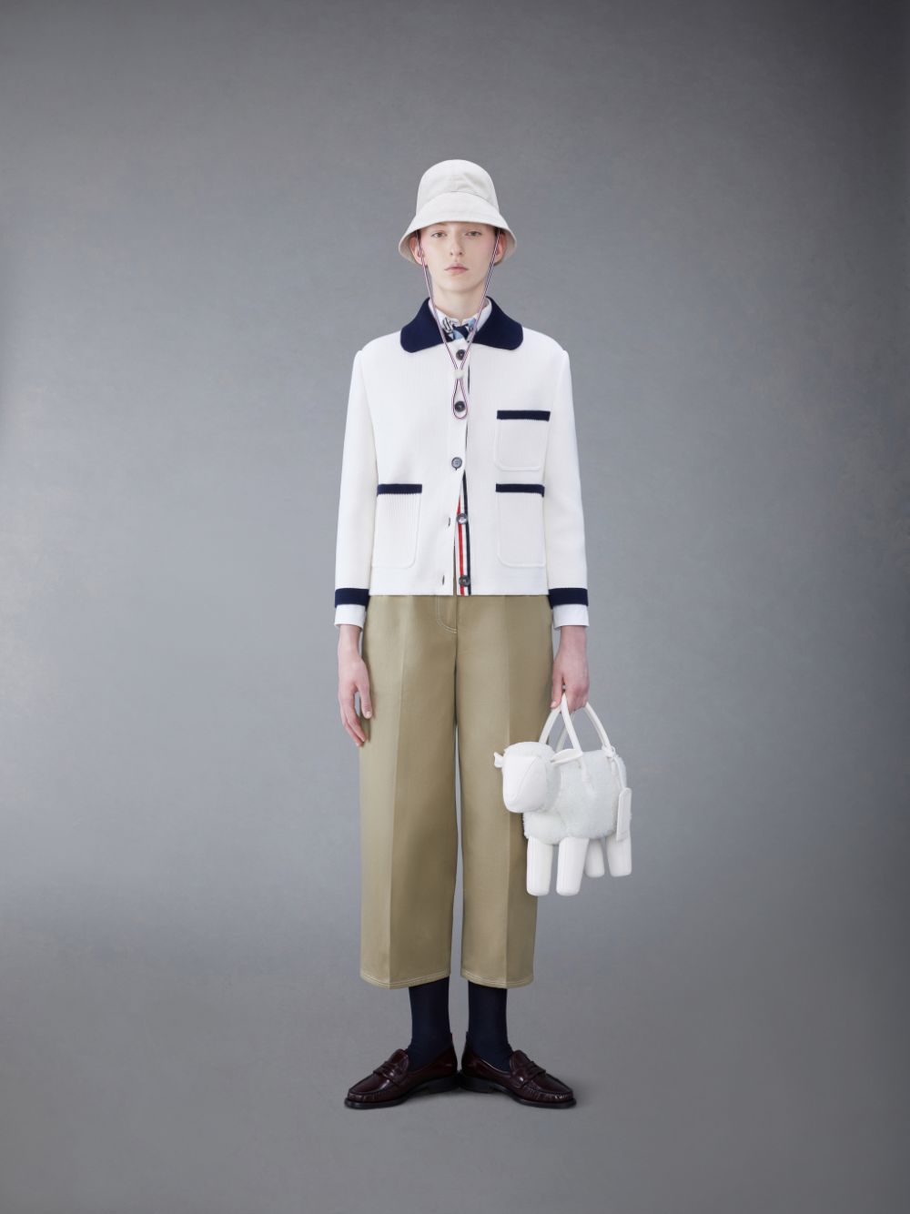 Thom Browne Cotton Cashmere Polo Collar Pocket Women Jackets White | MPL41G74120