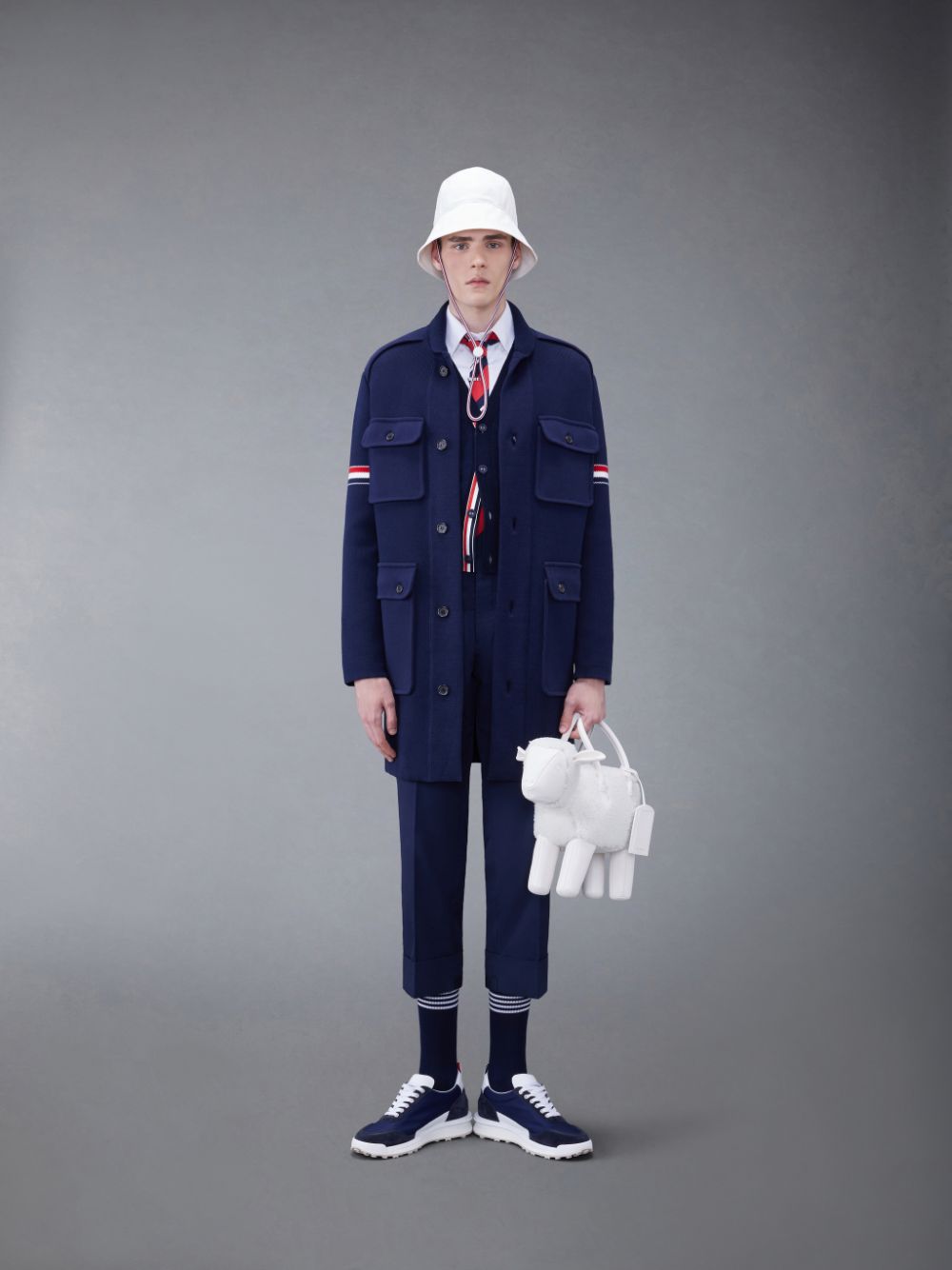 Thom Browne Cotton Cashmere Shawl Collar Armband Men Coats Blue | JRI00M39384