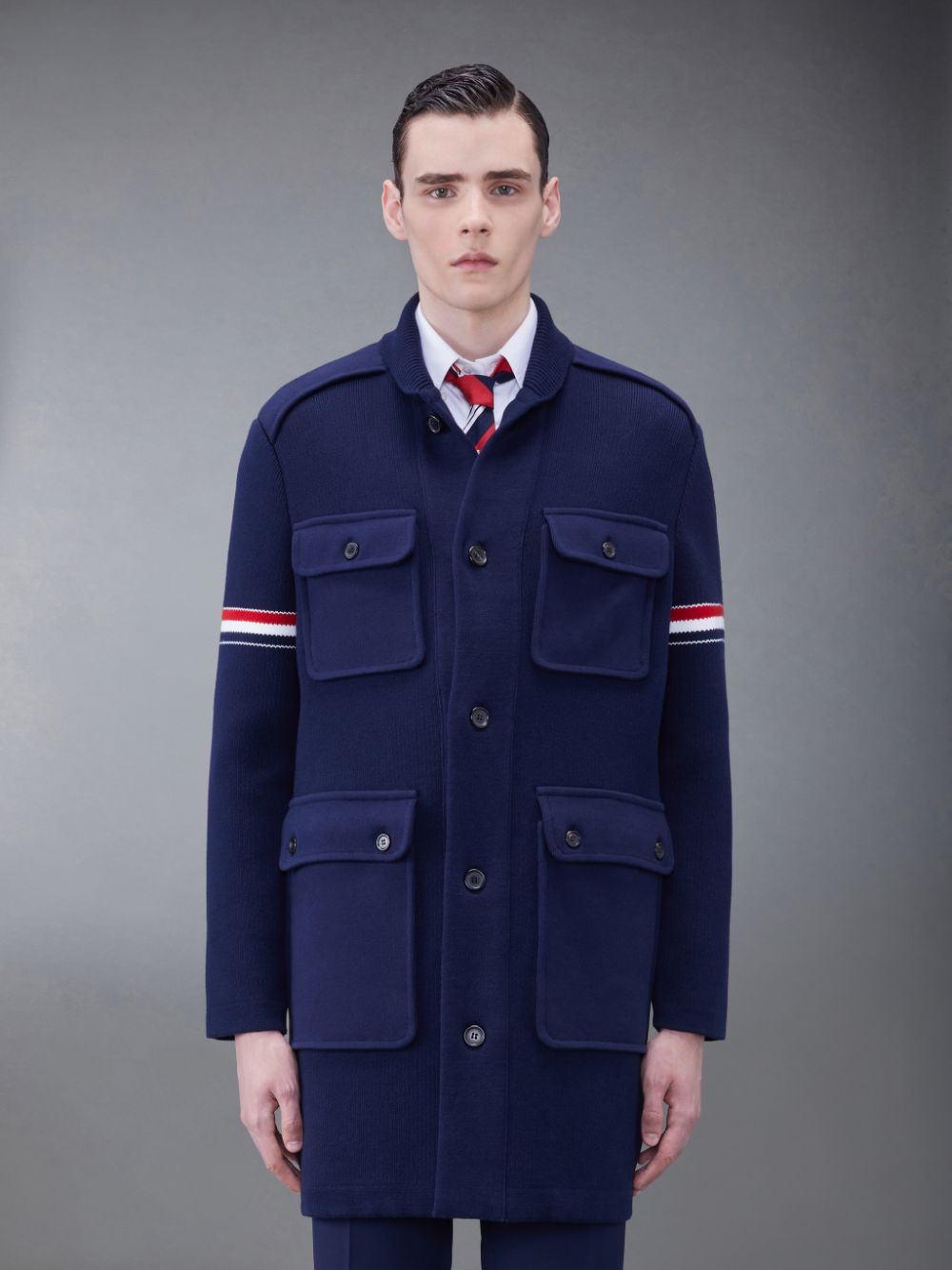 Thom Browne Cotton Cashmere Shawl Collar Armband Men Coats Blue | JRI00M39384