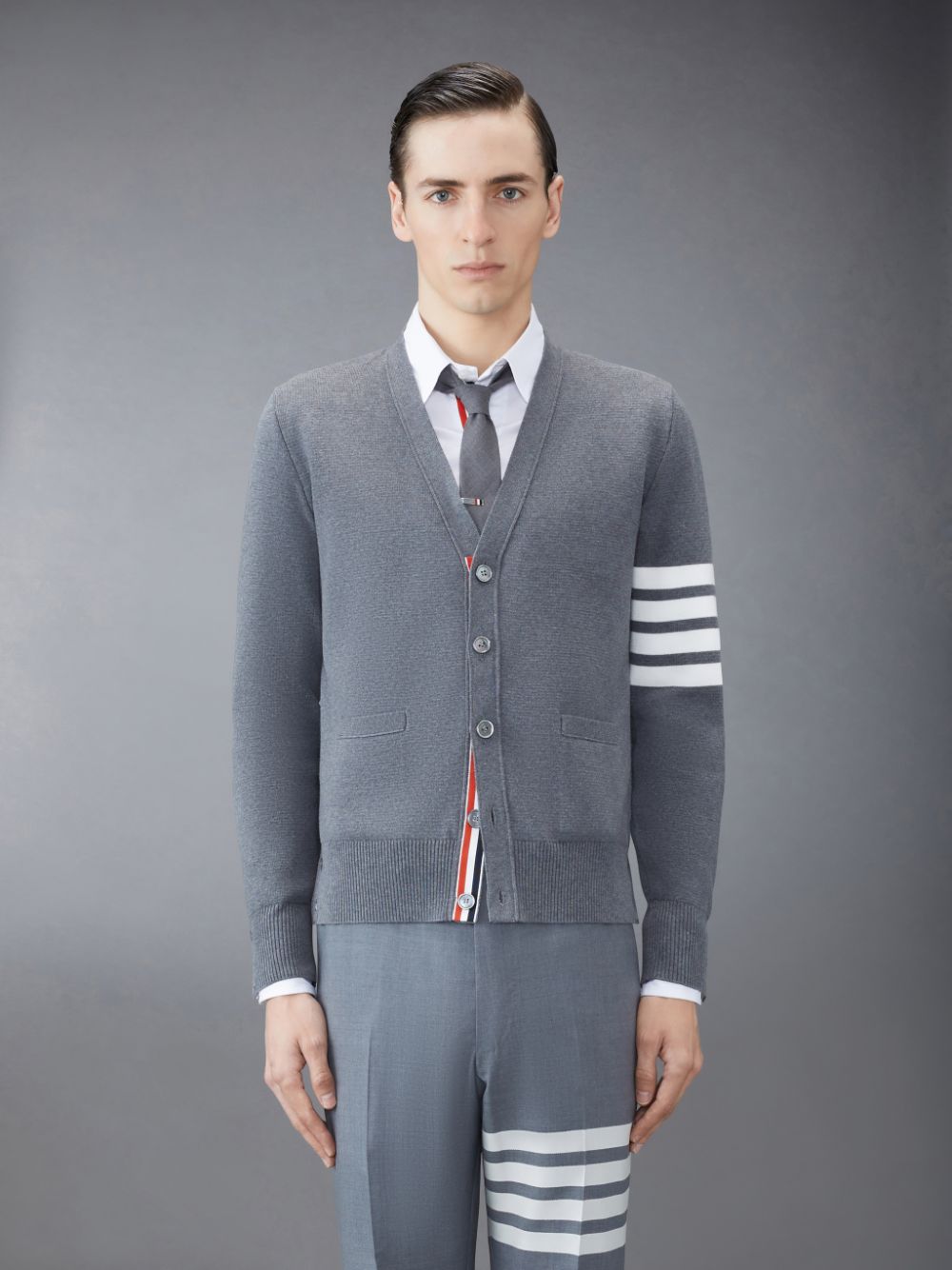 Thom Browne Cotton Crepe V-Neck Men Cardigan Grey | KZA04H49455