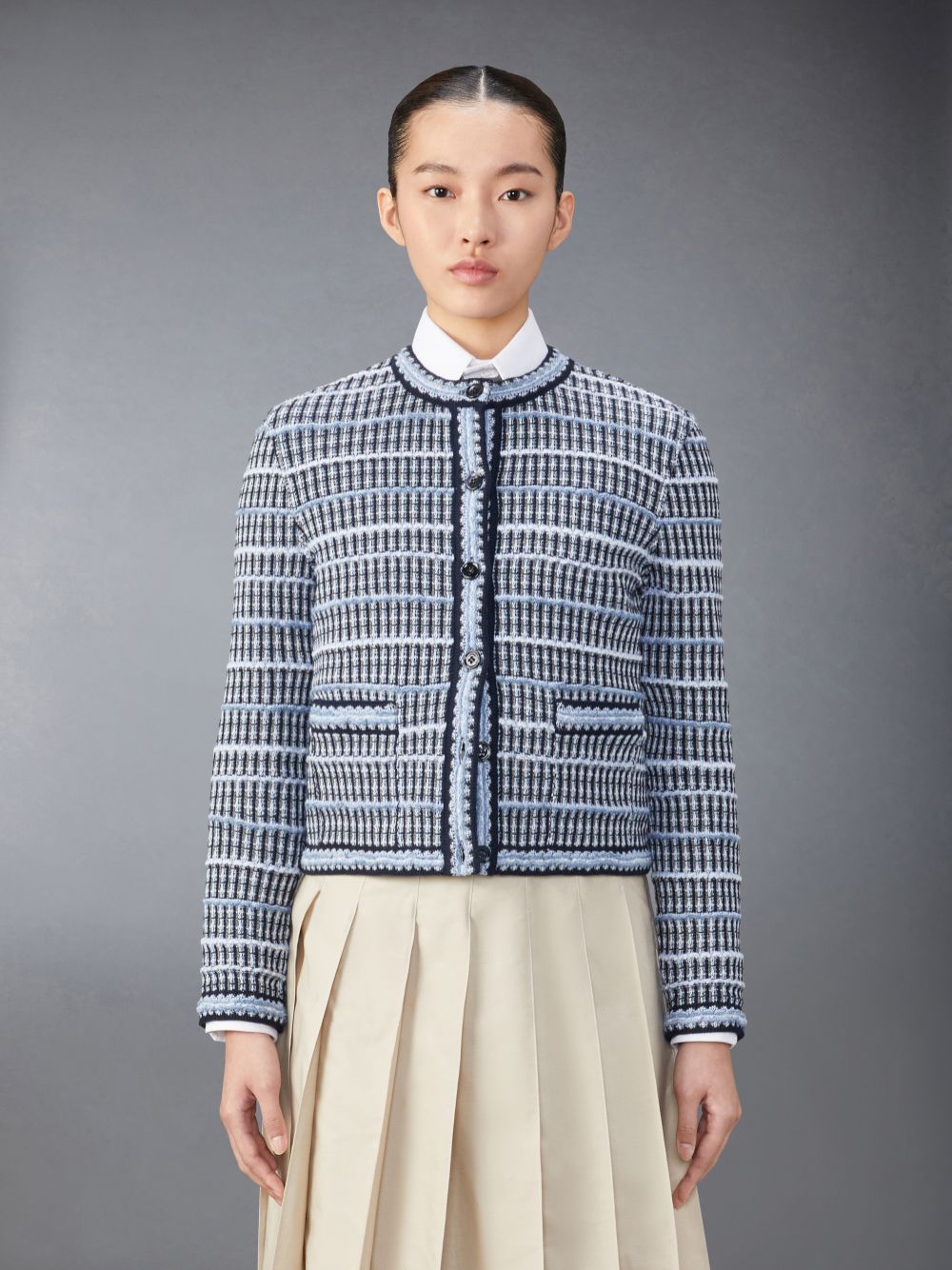 Thom Browne Cotton Linen Tweed Jacquard Women Cardigan Blue | YWW42N03166