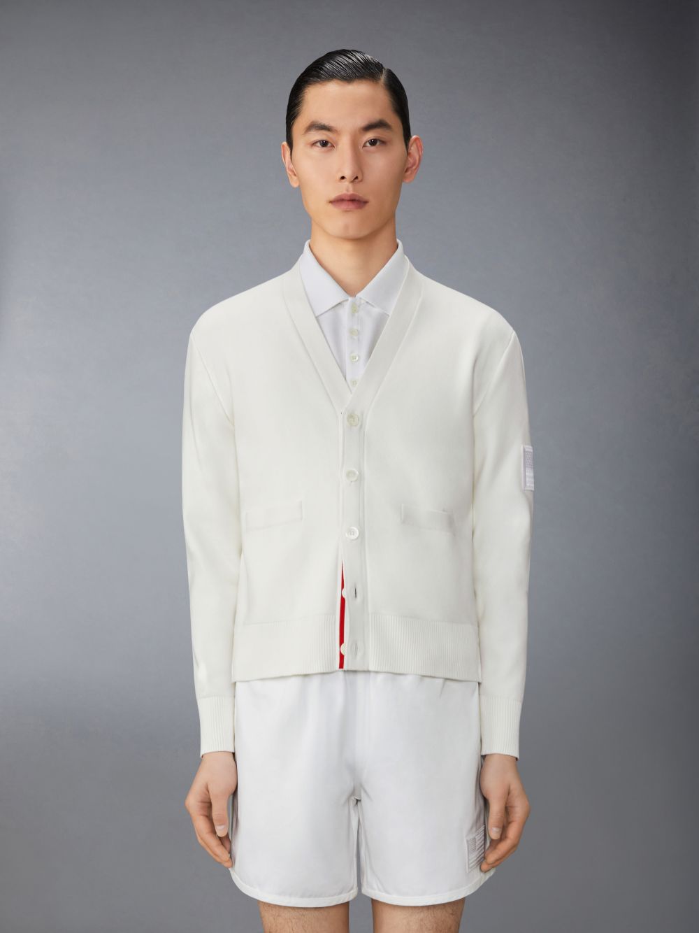 Thom Browne Cotton Milano Stitch Flag Patch Men Cardigan White | GPV13Y13383