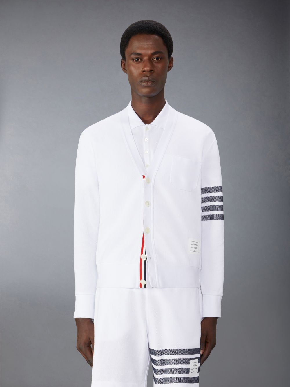 Thom Browne Cotton Pique 4-Bar Men Cardigan White | MHX32F21479