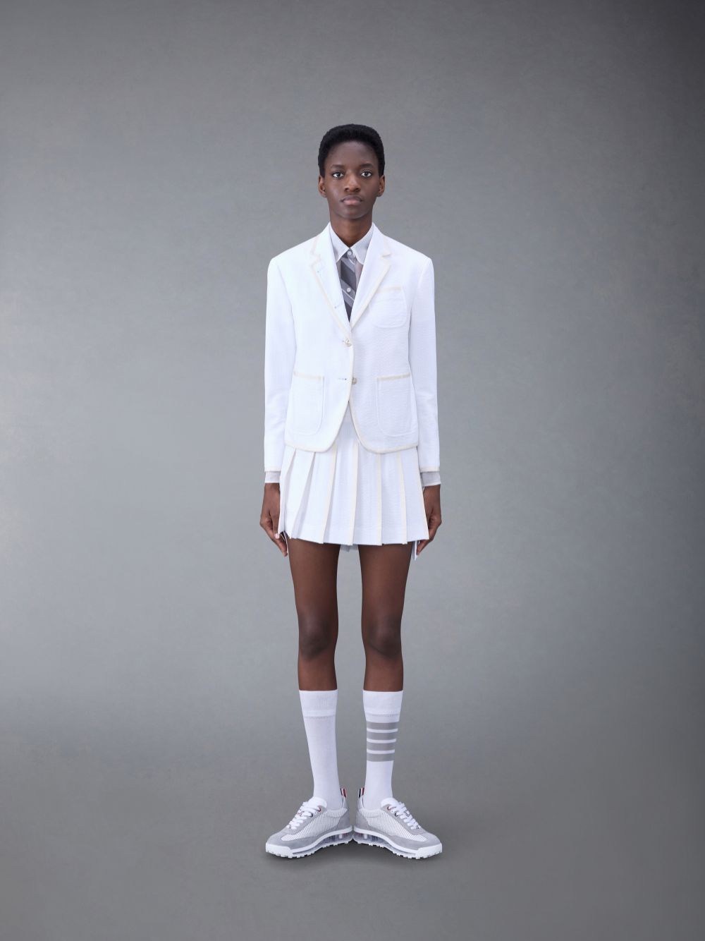 Thom Browne Cotton Seersucker Shrunken Sack Tipping Sport Women Coats White | HZJ94H21445