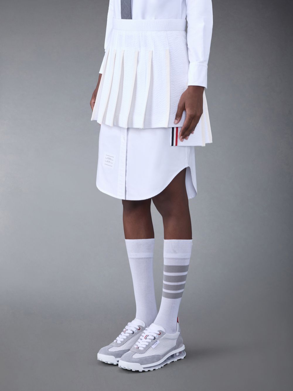 Thom Browne Cotton Seersucker Tipping Pleated Mini Women Skirts White | CGV97E76047