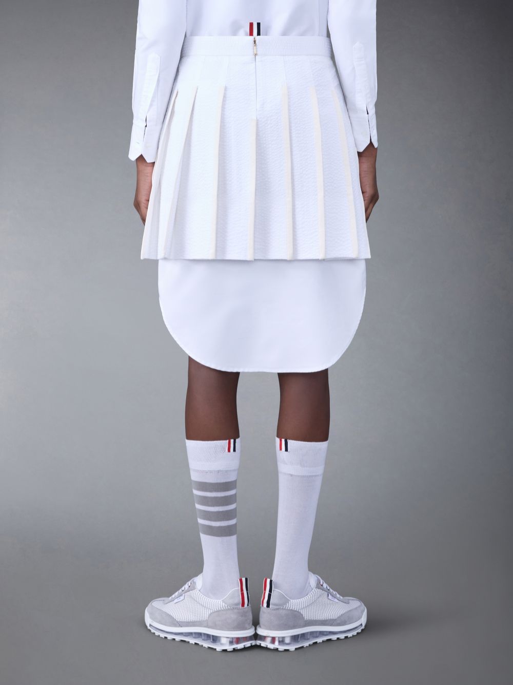 Thom Browne Cotton Seersucker Tipping Pleated Mini Women Skirts White | CGV97E76047