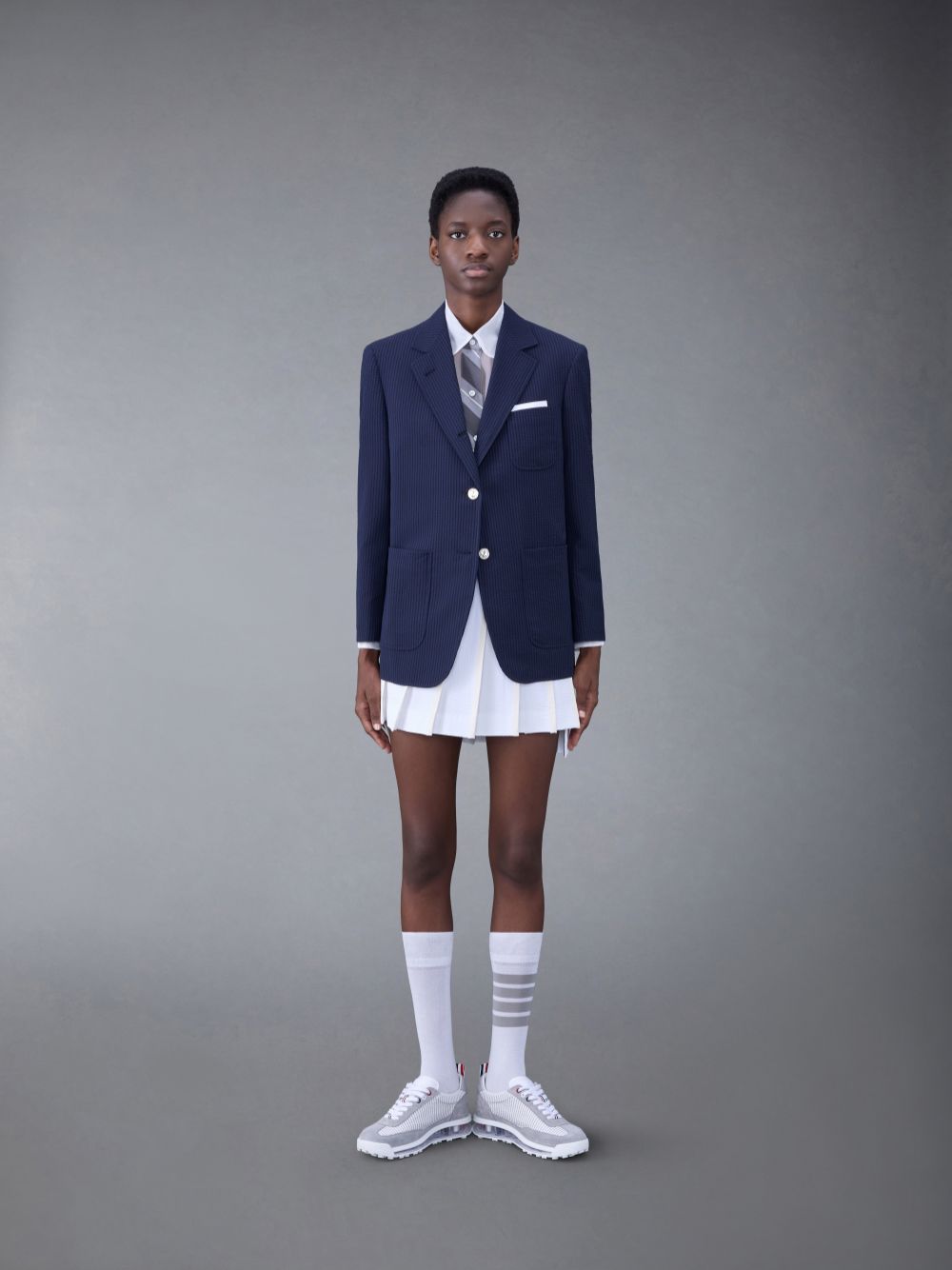 Thom Browne Cotton Seersucker Tipping Pleated Mini Women Skirts White | CGV97E76047