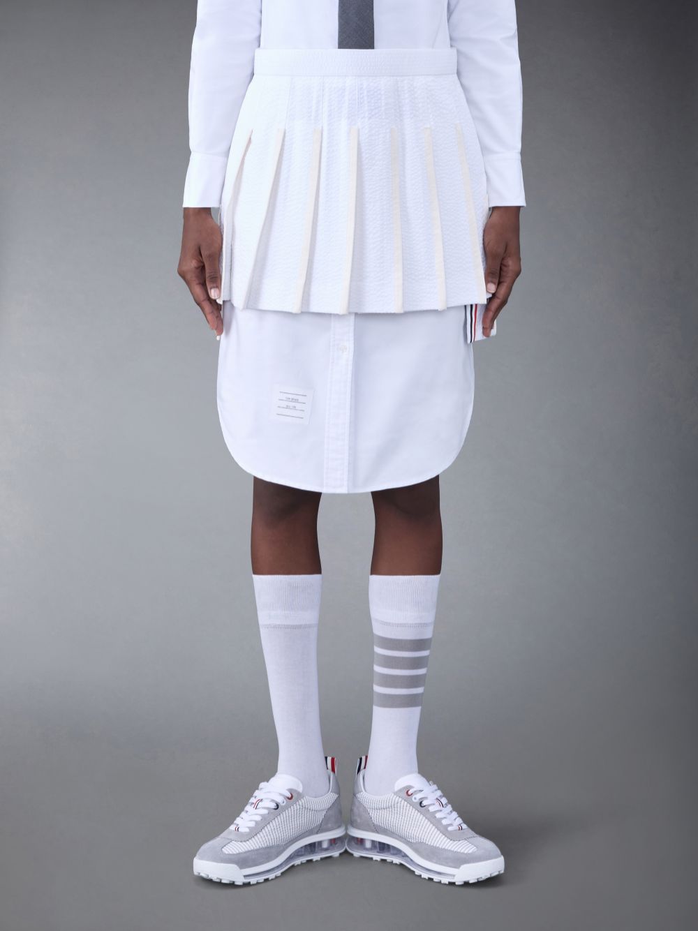 Thom Browne Cotton Seersucker Tipping Pleated Mini Women Skirts White | CGV97E76047