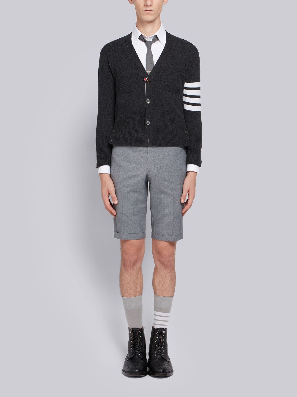 Thom Browne Dark Cashmere 4-Bar Short V-Neck Men Cardigan Grey | HPW91U30924