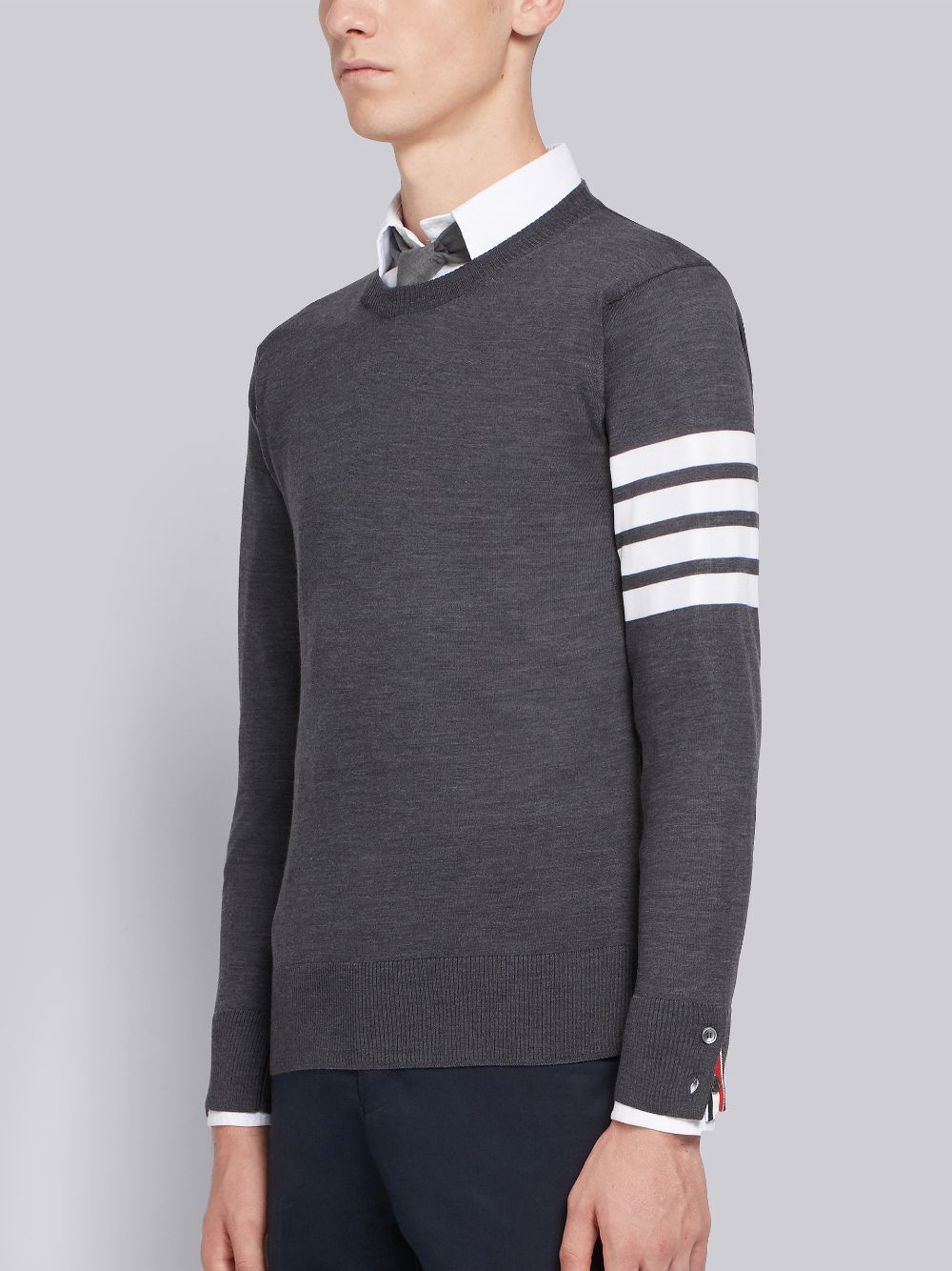 Thom Browne Dark Fine Merino Wool 4-Bar Crew Neck Men Pullover Grey | NZF21Z45605