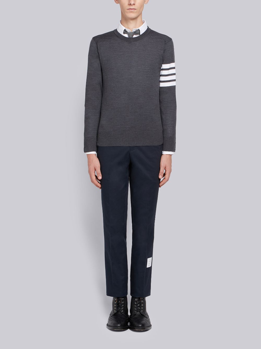 Thom Browne Dark Fine Merino Wool 4-Bar Crew Neck Men Pullover Grey | NZF21Z45605