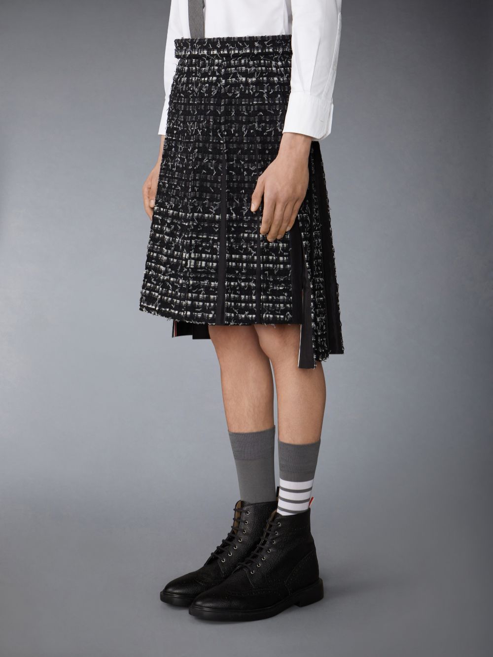 Thom Browne Denim Ribbon Tweed Classic Rise Midi Pleated Men Skirts Black | WVA38F93001