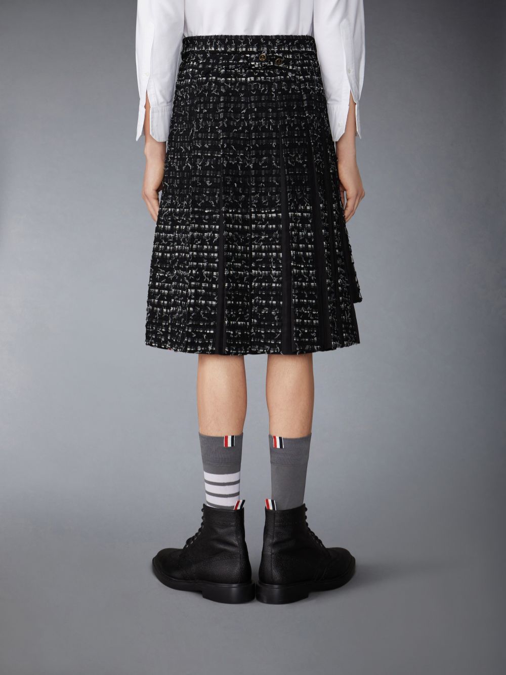 Thom Browne Denim Ribbon Tweed Classic Rise Midi Pleated Men Skirts Black | WVA38F93001