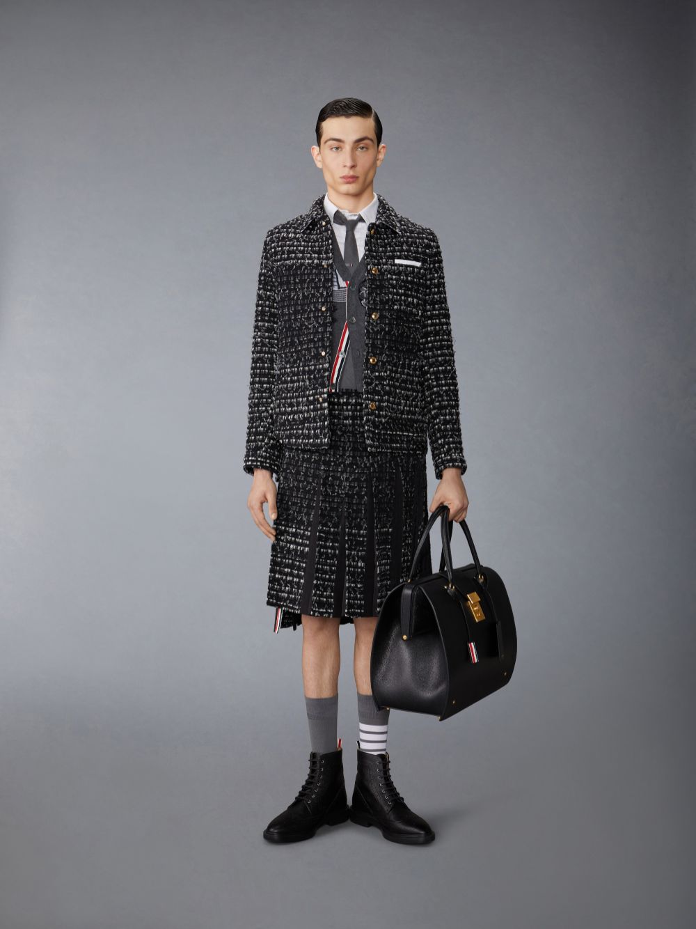 Thom Browne Denim Ribbon Tweed Classic Rise Midi Pleated Men Skirts Black | WVA38F93001