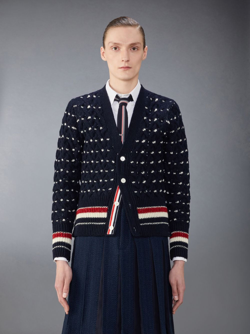 Thom Browne Donegal Cable Classic Men Cardigan Blue | MVU76J10137