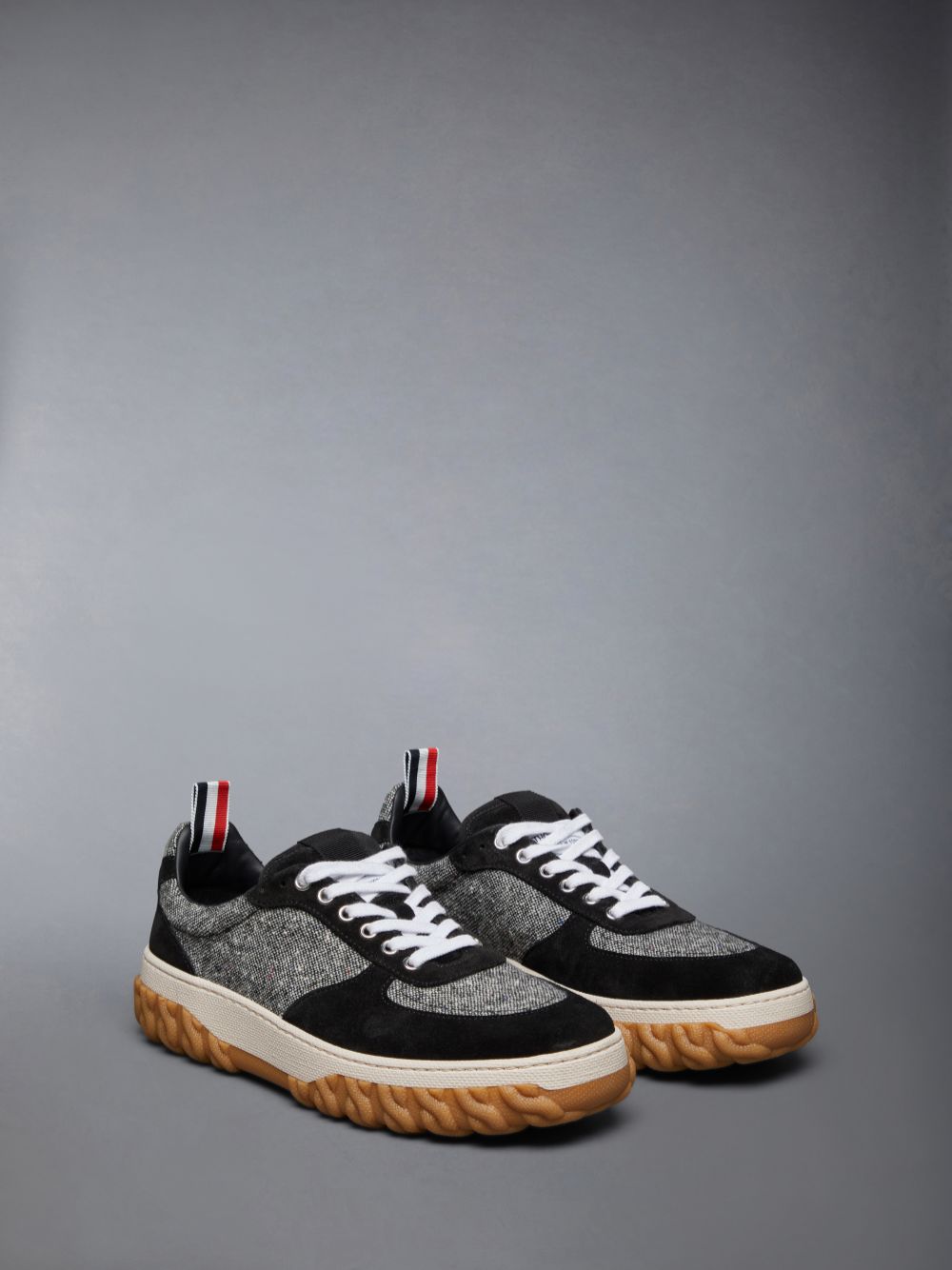 Thom Browne Donegal Tweed Cable Knit Sole Letterman Men Sneakers Black | NNK03U89877