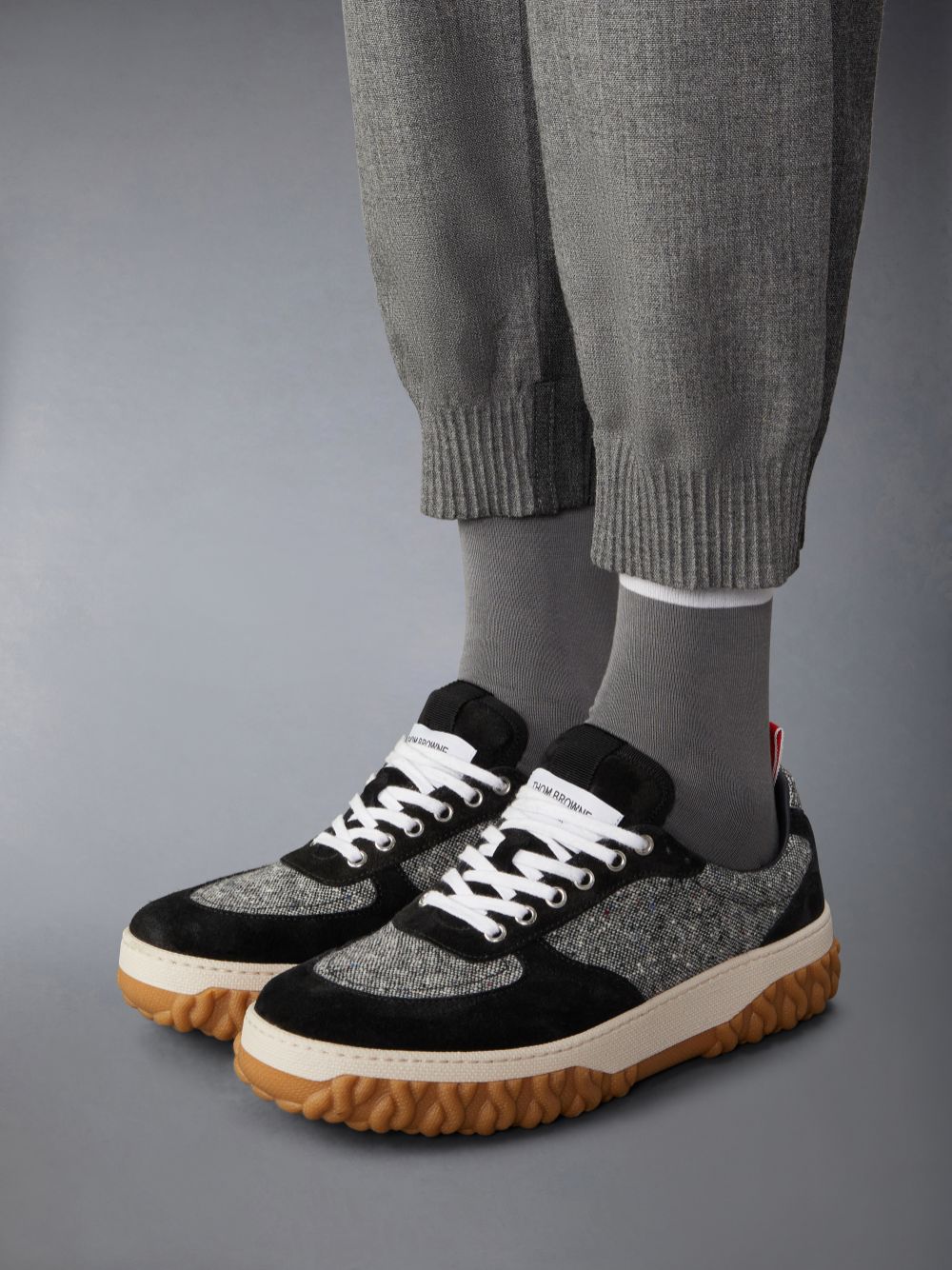 Thom Browne Donegal Tweed Cable Knit Sole Letterman Men Sneakers Black | NNK03U89877